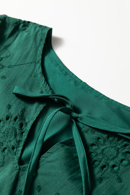Blackish Green Embroidered Eyelet Pattern 3/4 Puffy Sleeve Swing Mini Dress