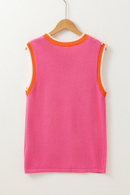 Bright Pink Contrast Trim Pearl Detail Sweater Tank Top