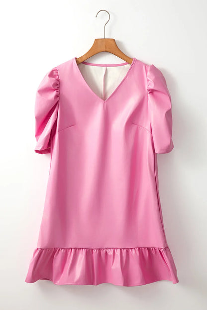 Sachet Pink Pleather Bubble Short Sleeve V Neck Ruffled Hem Mini Dress - Chic Meadow Boutique 