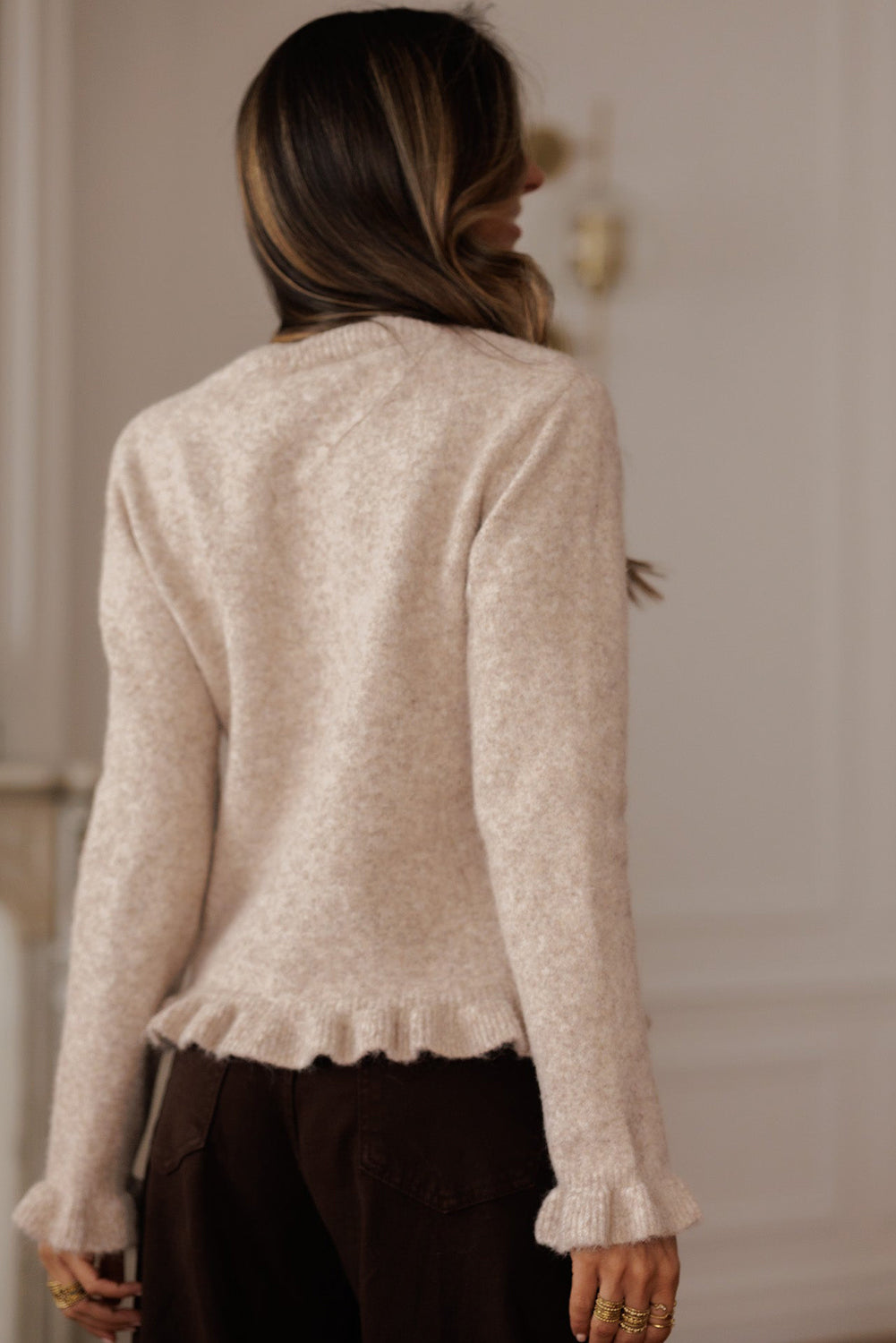 Oatmeal Ruffle Trim Gold Button Sweater Cardigan