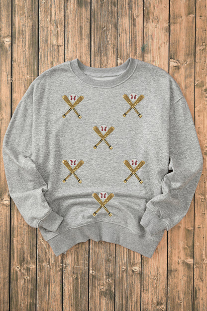 Gray Sequin Baseball Game Day Graphic Casual Sweatshirt
