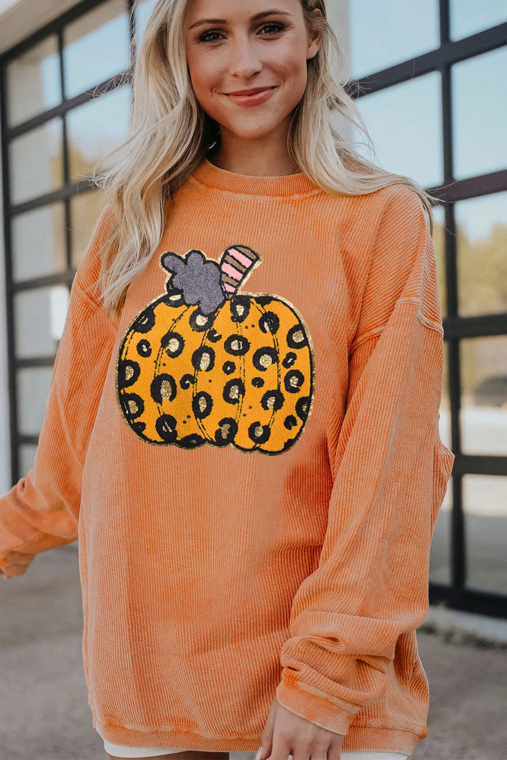 Orange Halloween Leopard Pumpkin Patchwork Ribbed Sweatshirt - Chic Meadow Boutique 