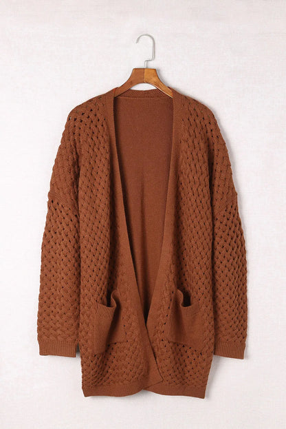 Brown Open Front Woven Texture Knitted Cardigan with Pockets - Chic Meadow Boutique 