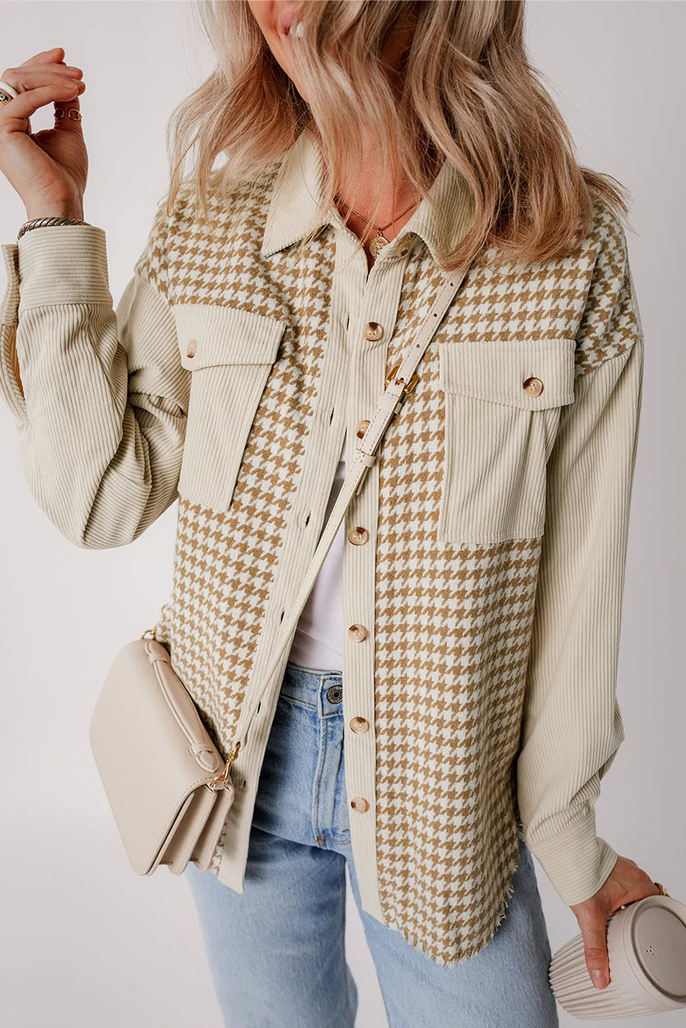 Parchment Houndstooth Corduroy Patchwork Flap Pocket Shacket - Chic Meadow Boutique 