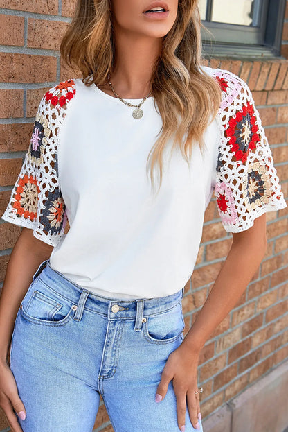 White Floral Crochet Short Sleeve Top - Chic Meadow Boutique 