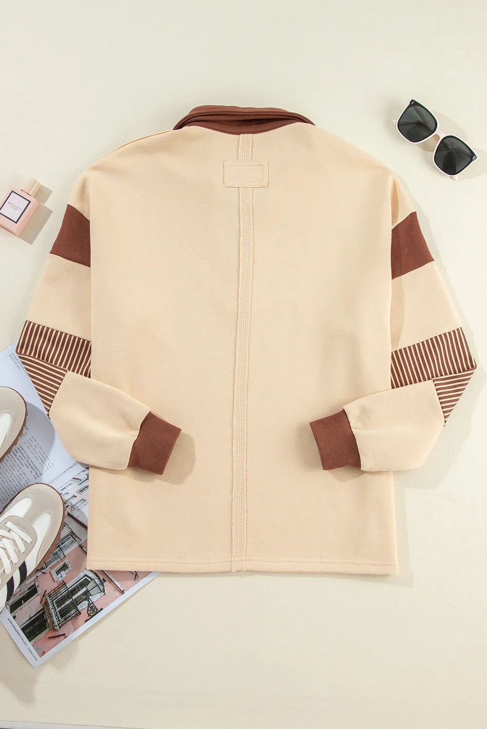 Light French Beige Striped Colorblock Patchwork Collar Sweatshirt - Chic Meadow Boutique 