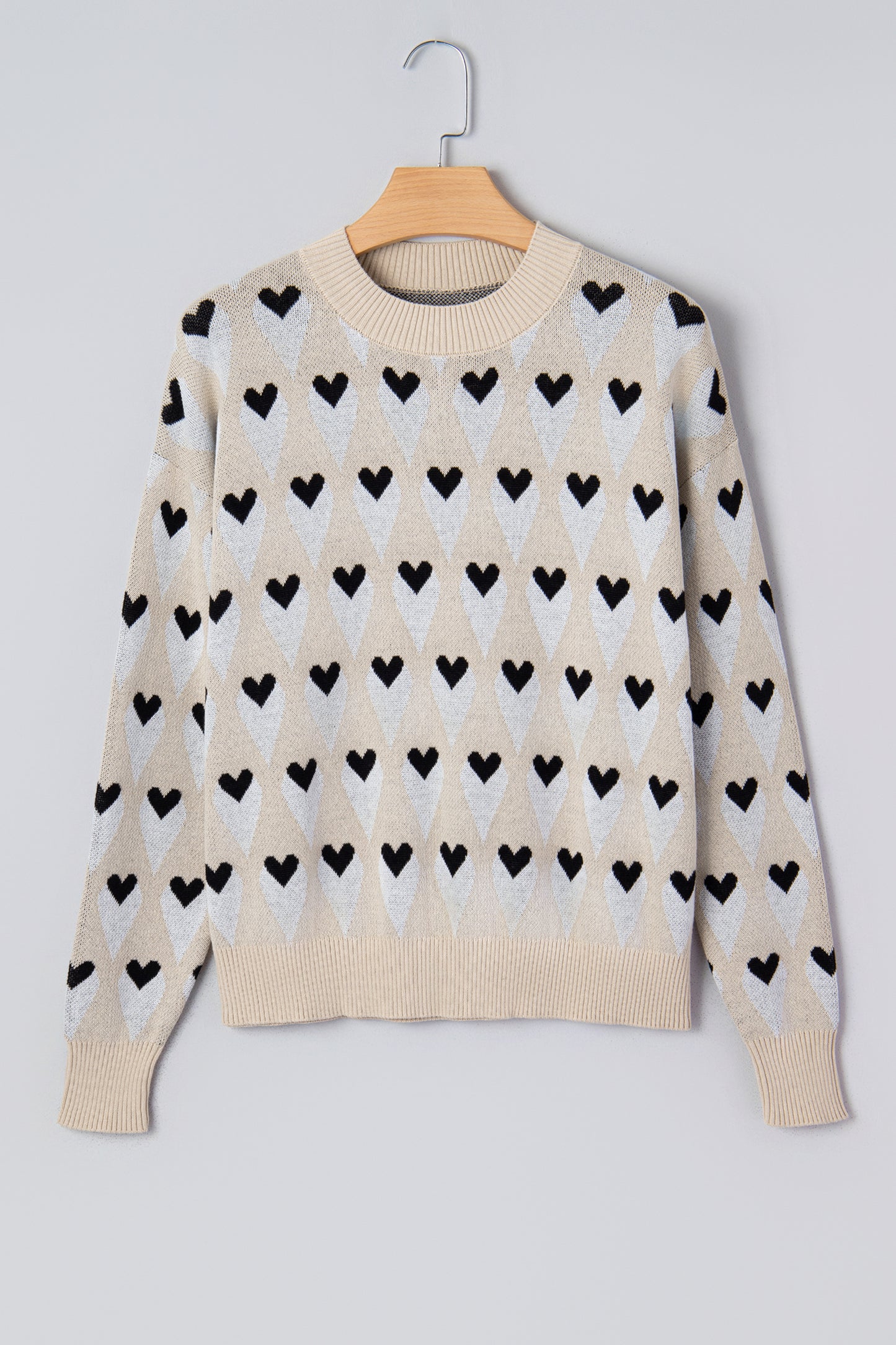 Parchment Geometric Heart Print Ribbed Trim Loose Sweater