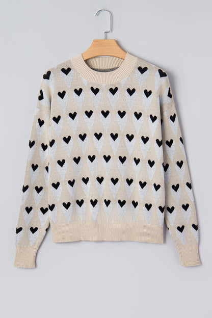 Parchment Geometric Heart Print Ribbed Trim Loose Sweater