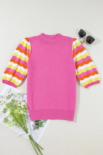 Pink Ribbed Knit Contrast Sleeve Sweater Top - Chic Meadow Boutique 