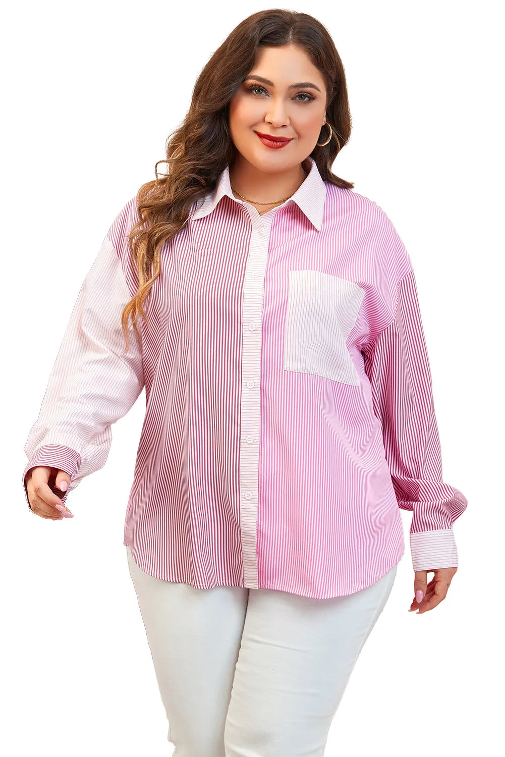 Pink Stripe Print Colorblock Plus Size Shirt - Chic Meadow Boutique 