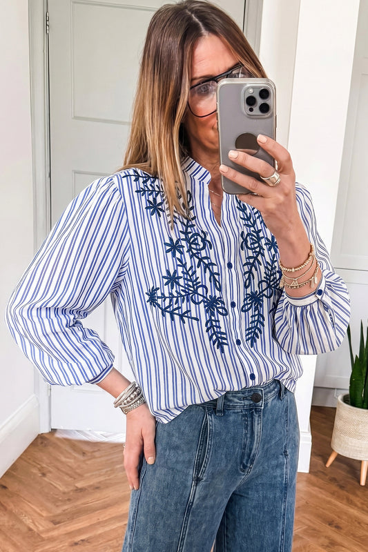 Blue Stripe Embroidered Detail Button Front Long Sleeve Shirt