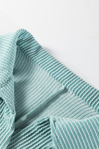 Light Blue Oversized Twist Ribbed Collared Henley Top with Roll up Sleeve