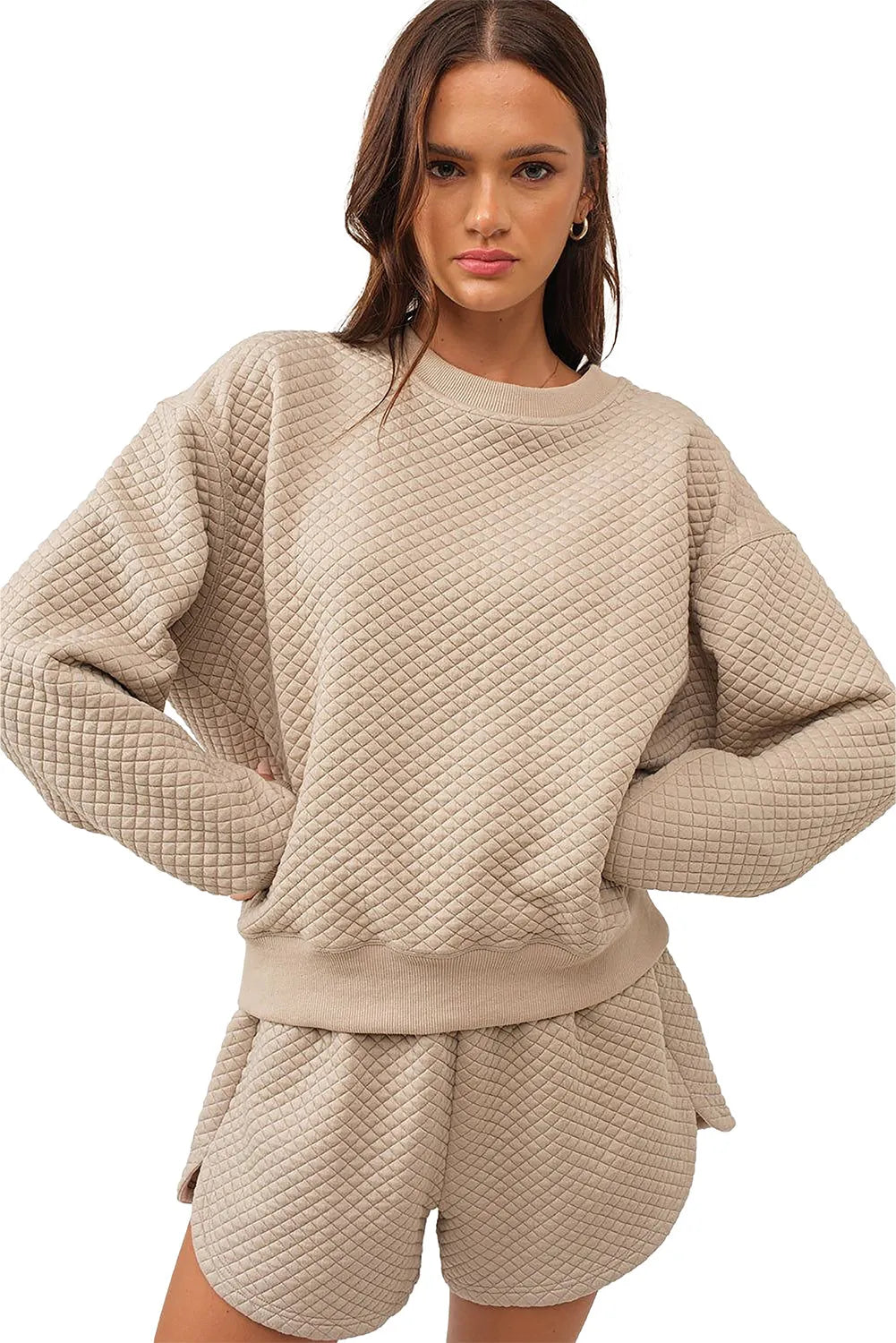 Two Piece Sets/Short Sets Parchment Solid Color Quilted Long Sleeve Top and Shorts Set