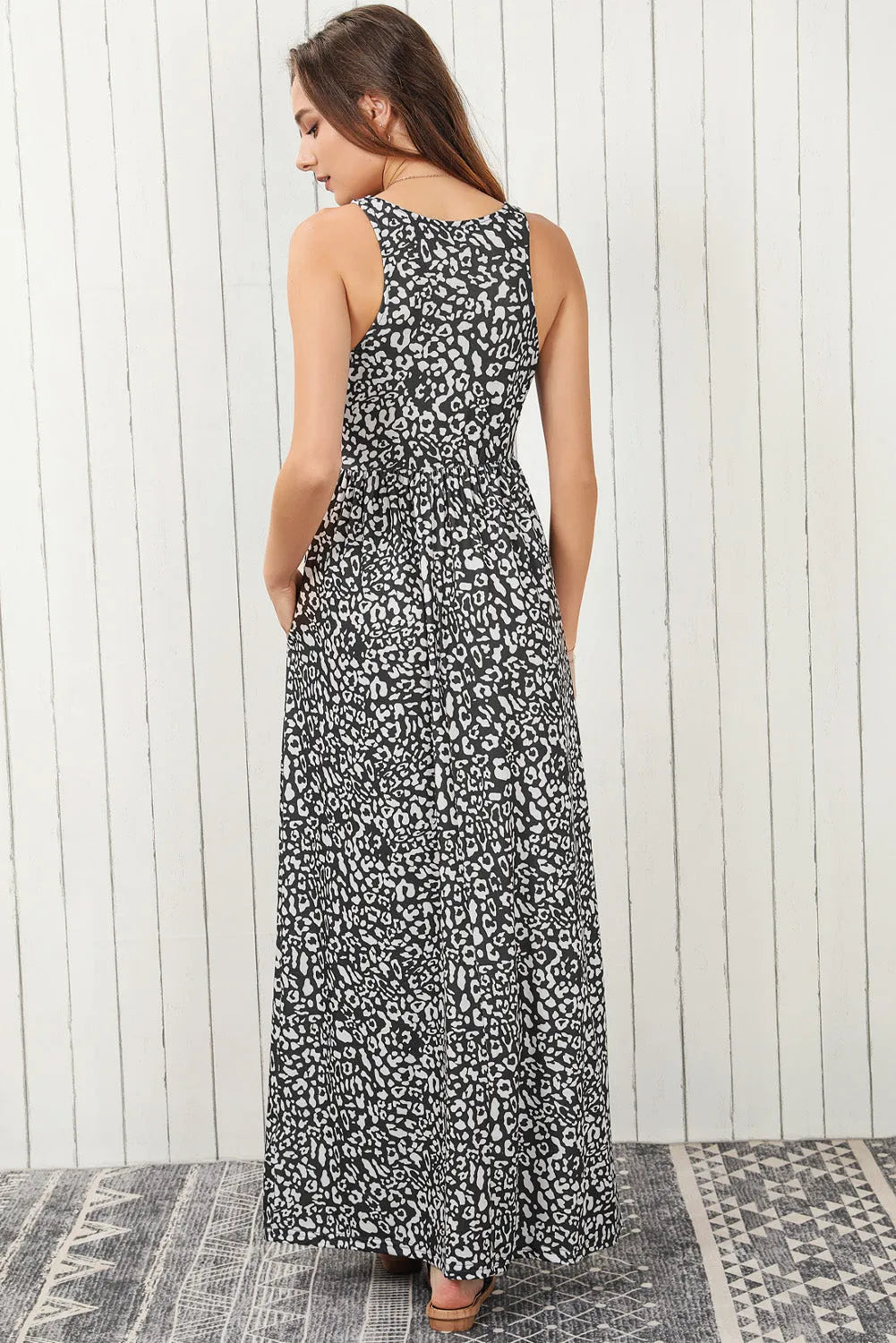 Dresses/Maxi Dresses Gray Leopard Print Pocketed Sleeveless Maxi Dress