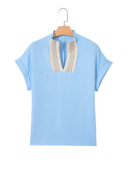 Beau Blue Crochet Lace Accent Pullover Rolled Short Sleeve Blouse