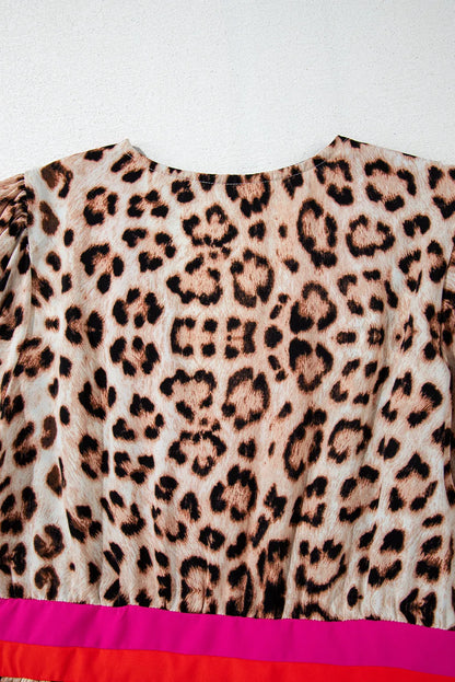 Khaki Cheetah Color Block V Neck Balloon Sleeve Babydoll Blouse - Chic Meadow Boutique 