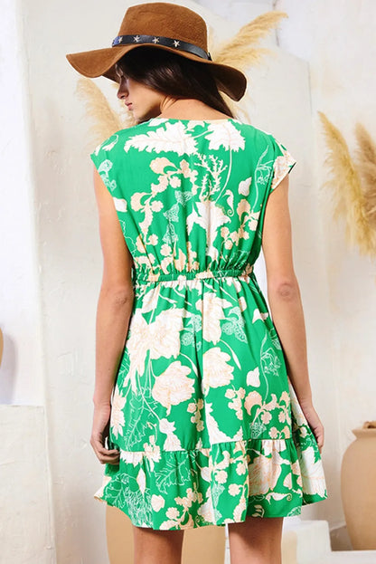 Green Floral Sleeveless V Neck Ruffled Hem Mini Dress - Chic Meadow Boutique 