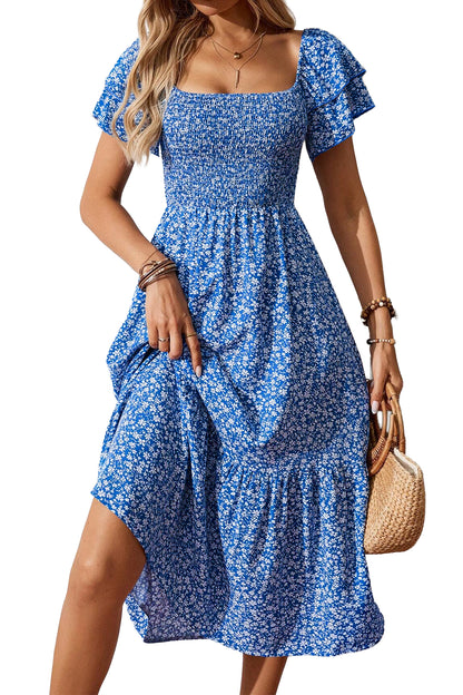 Blue Ditsy Floral Print Smocked Square Neck Ruffle Short Sleeve Dress