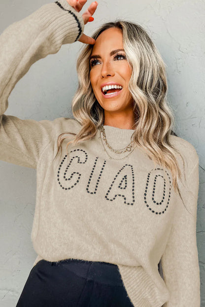 Oatmeal CIAO Letter Graphic Crew Neck Sweater - Chic Meadow Boutique 