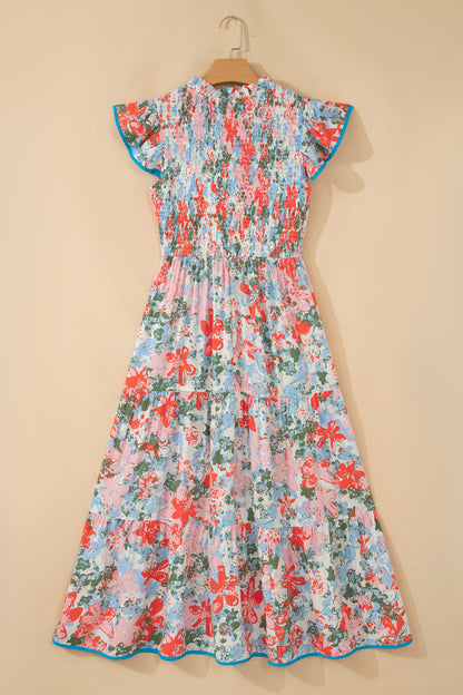 Apricot Floral Print V Neck Contrast Trim Flutter Sleeve Long Dress