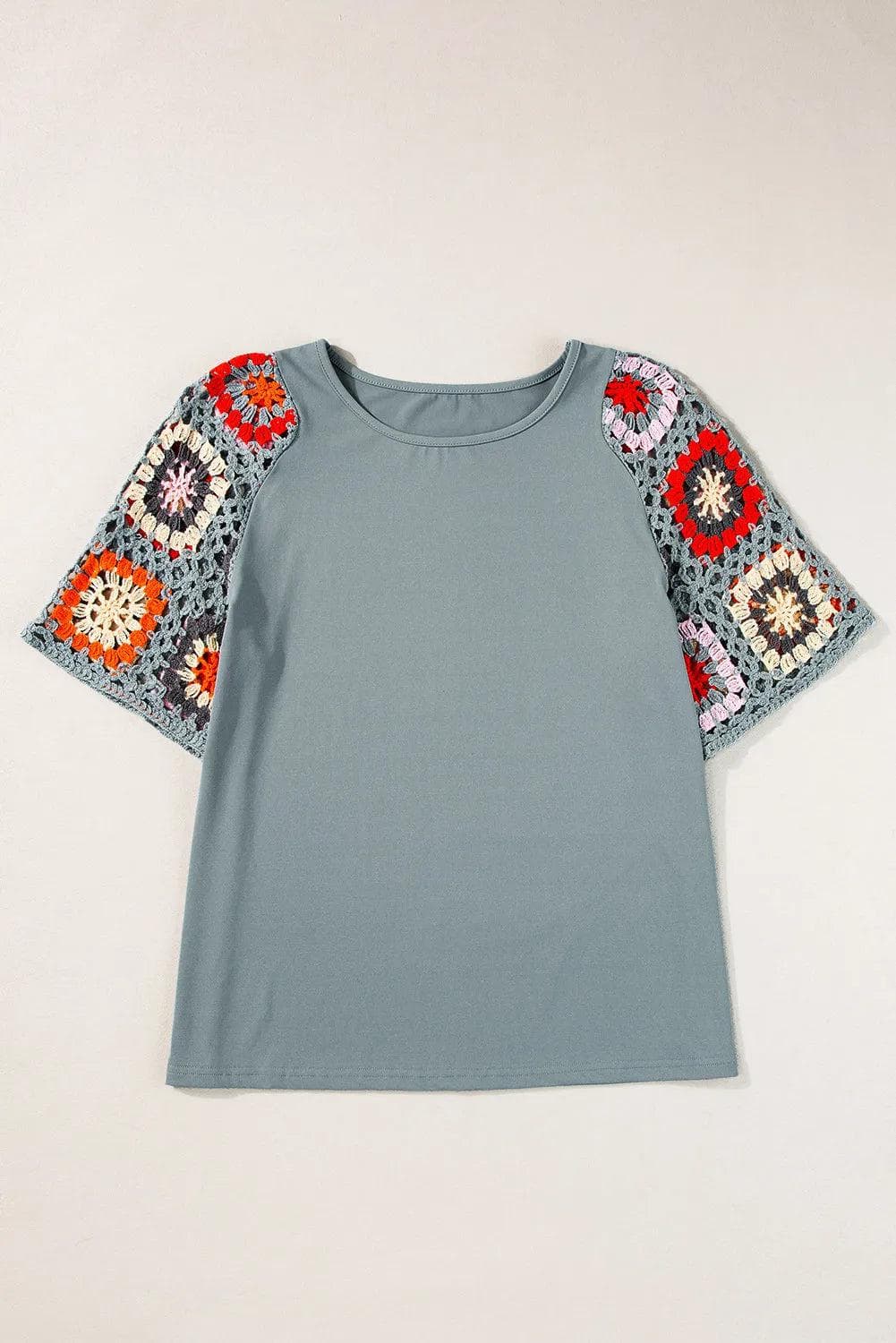 Tops/Tops & Tees Medium Grey Floral Crochet Short Sleeve Top