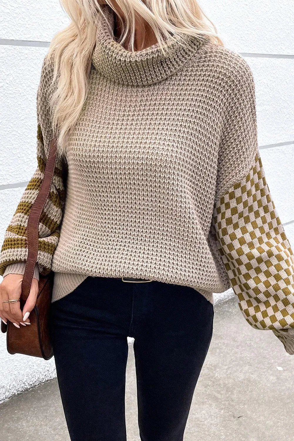 Smoke Gray Striped Plaid Patchwork Waffle Knit Turtleneck Sweater - Chic Meadow Boutique 