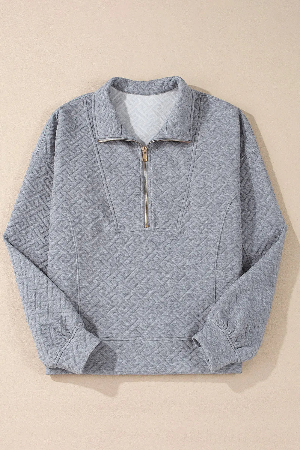 Gray Solid Textured Half Zipper Collared Sweatshirt - Chic Meadow Boutique 