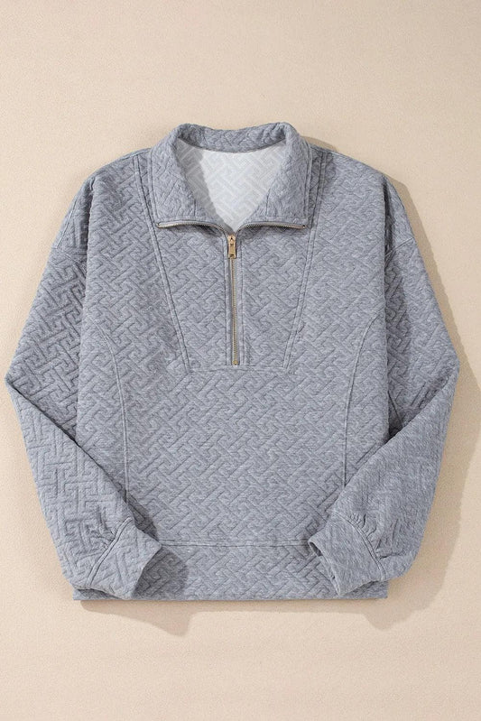 Tops/Sweatshirts & Hoodies Gray Solid Textured Half Zipper Collared Sweatshirt