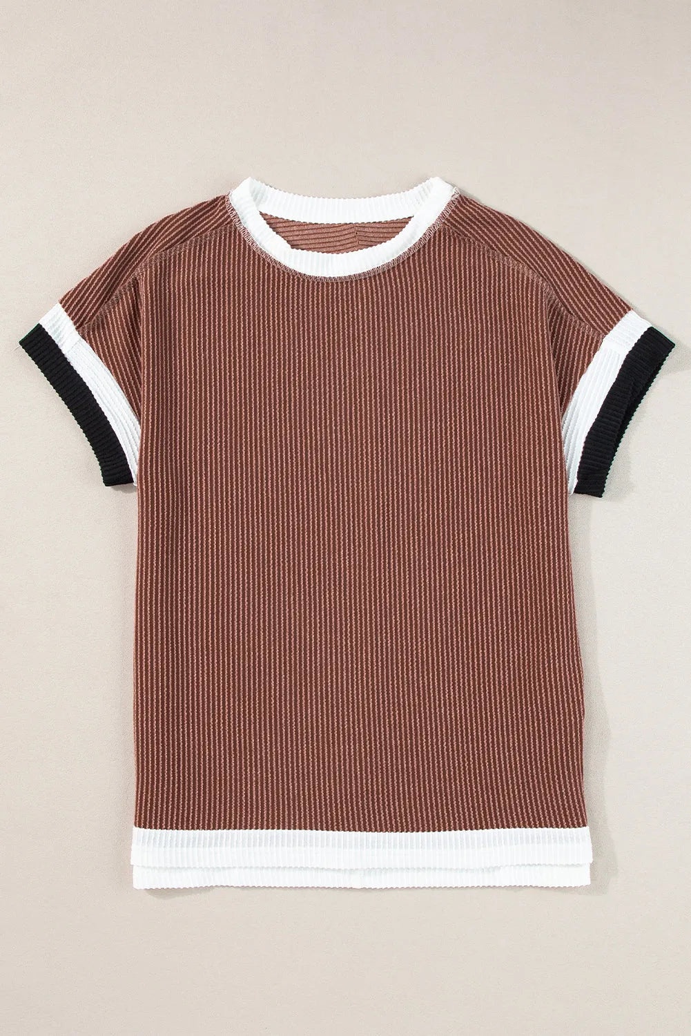 Coffee Textured Contrast Trim Round Neck T Shirt - Chic Meadow Boutique 