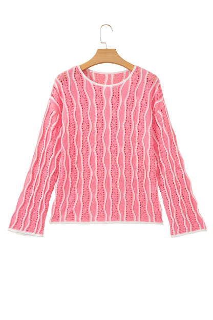 Pink Wavy Detail Hollow Out Knit Long Sleeve Cotton Pullover Sweater