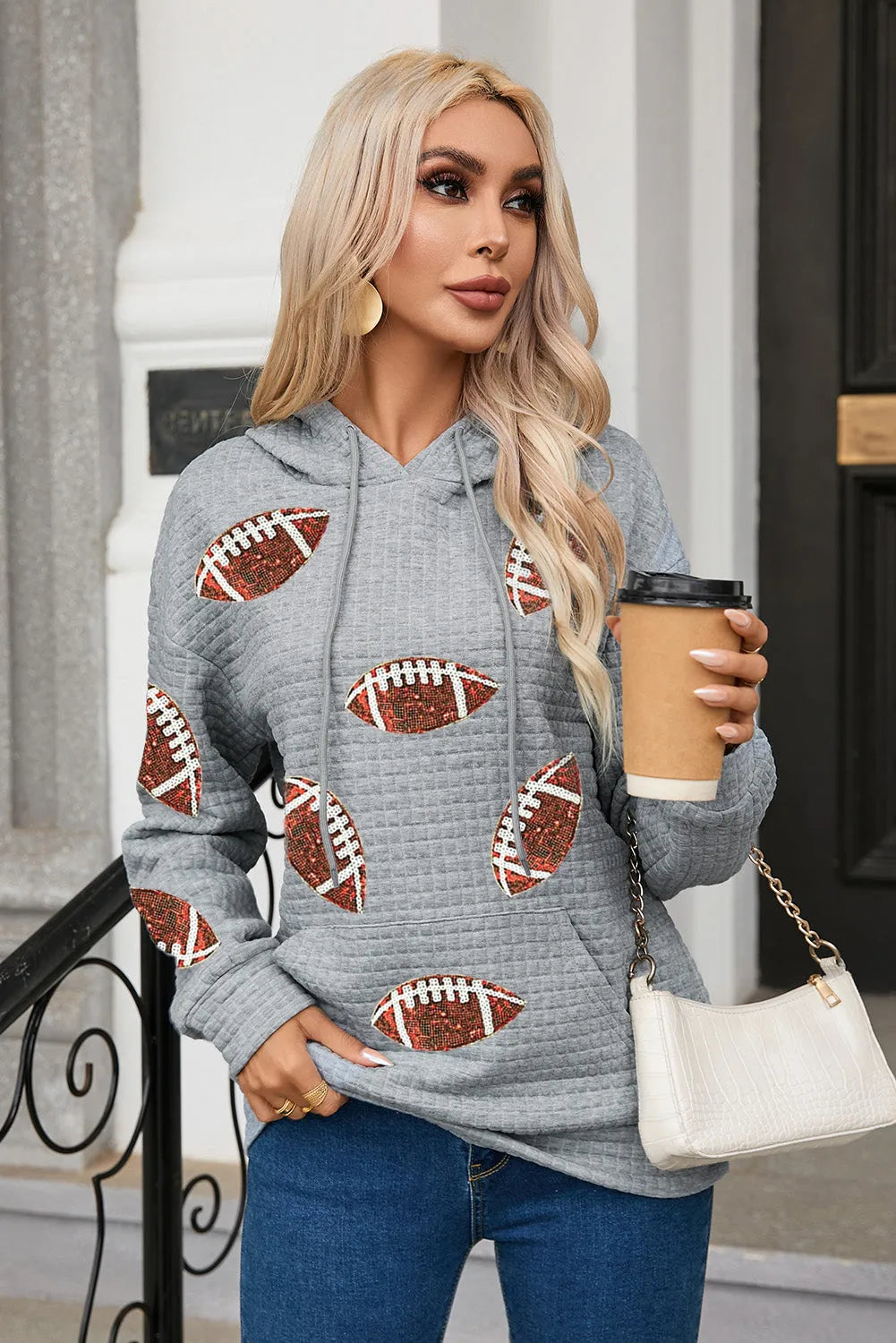 Gray Sequin Rugby Waffle Knit Kangaroo Pocket Loose Hoodie - Chic Meadow Boutique 