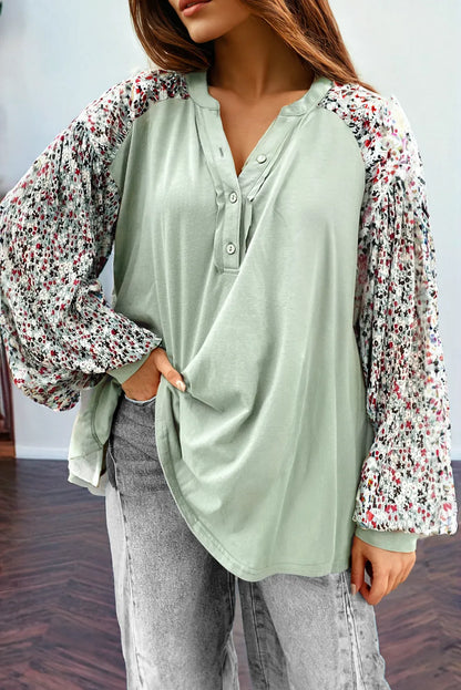 Meadow Mist Green Contrast Printed Bubble Sleeve Henley Loose Top with Slits - Chic Meadow Boutique 