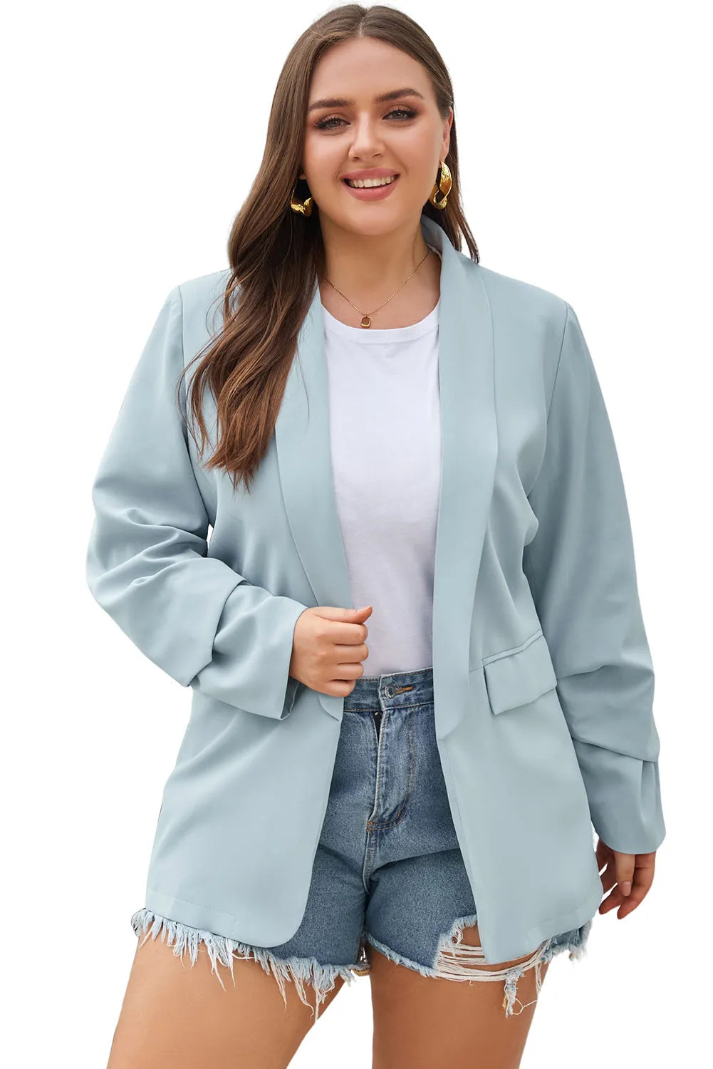 Sky Blue Plus Size Soft Lightweight Pocketed Lapel Blazer - Chic Meadow Boutique 