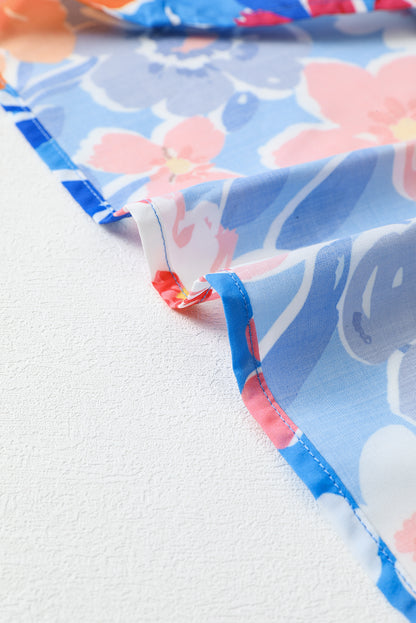 Sky Blue Floral Colorblock Edge Puff Sleeve Split Neck Blouse