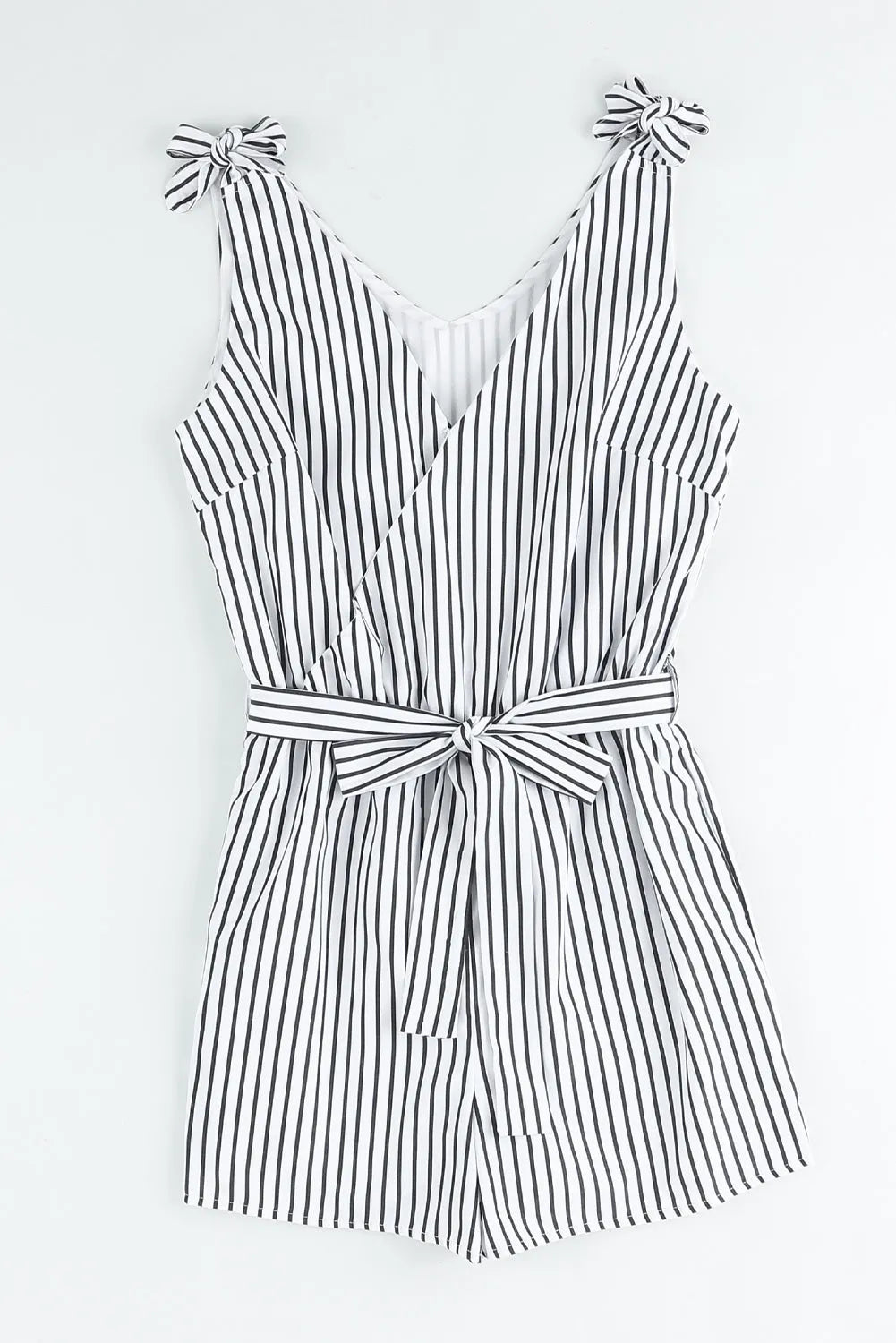 White Striped Print Wrap Sleeveless Romper - Chic Meadow Boutique 