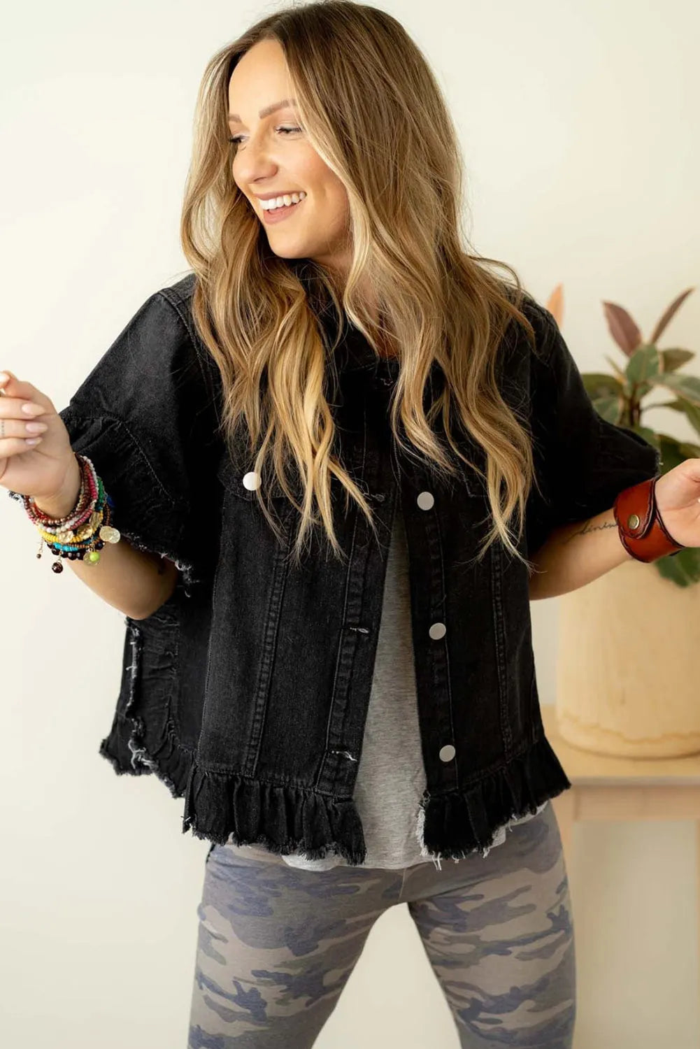 Black Raw Edge Ruffled Short Sleeve Denim Jacket - Chic Meadow Boutique 