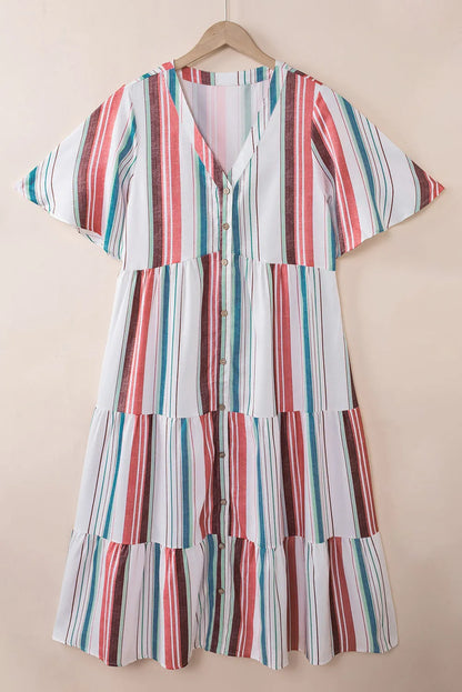 Serape Striped V Neck Buttoned Shirt Dress - Chic Meadow Boutique 