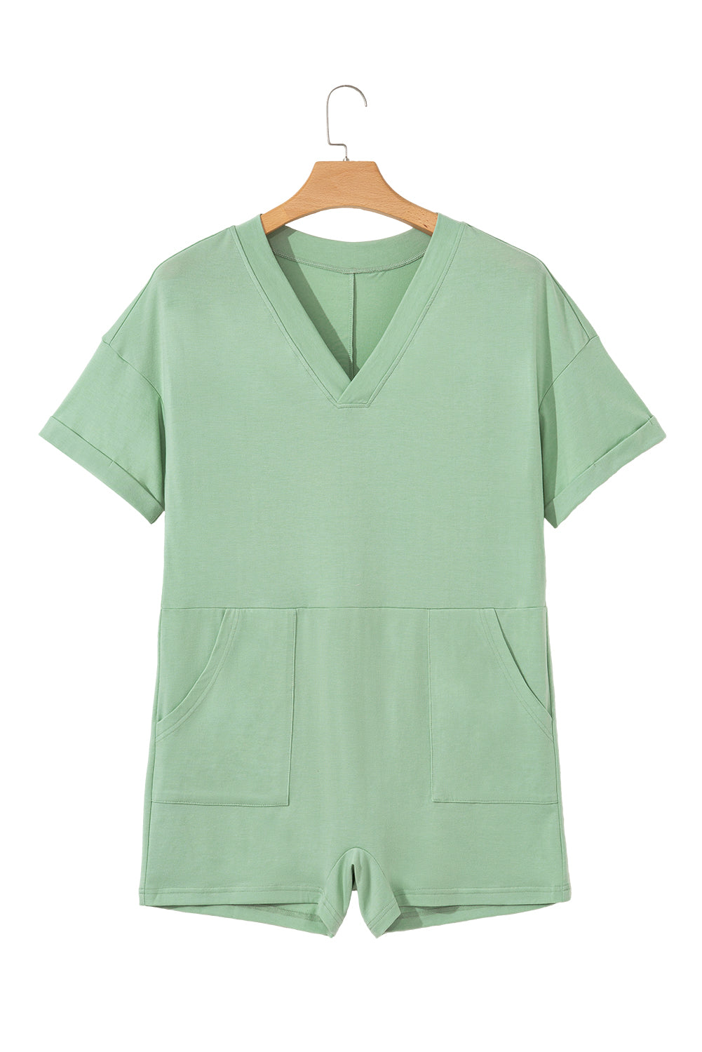 Grass Green Loose Half Sleeve V Neck Knit Romper