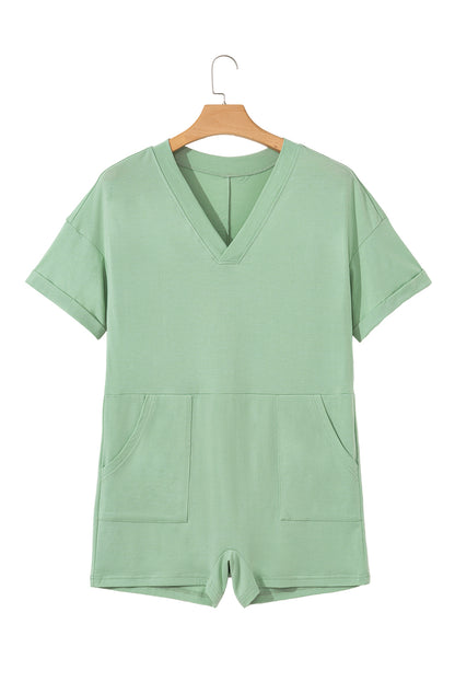 Grass Green Loose Half Sleeve V Neck Knit Romper