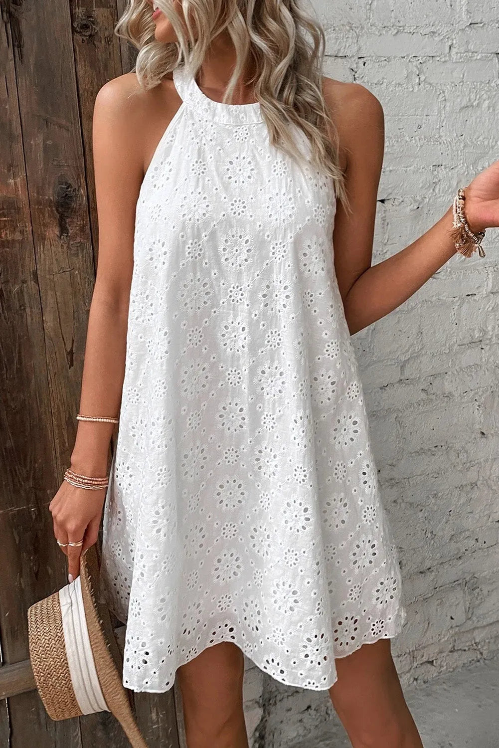 White Boho Eyelet Pattern Halter Neck Sleeveless Dress - Chic Meadow Boutique 