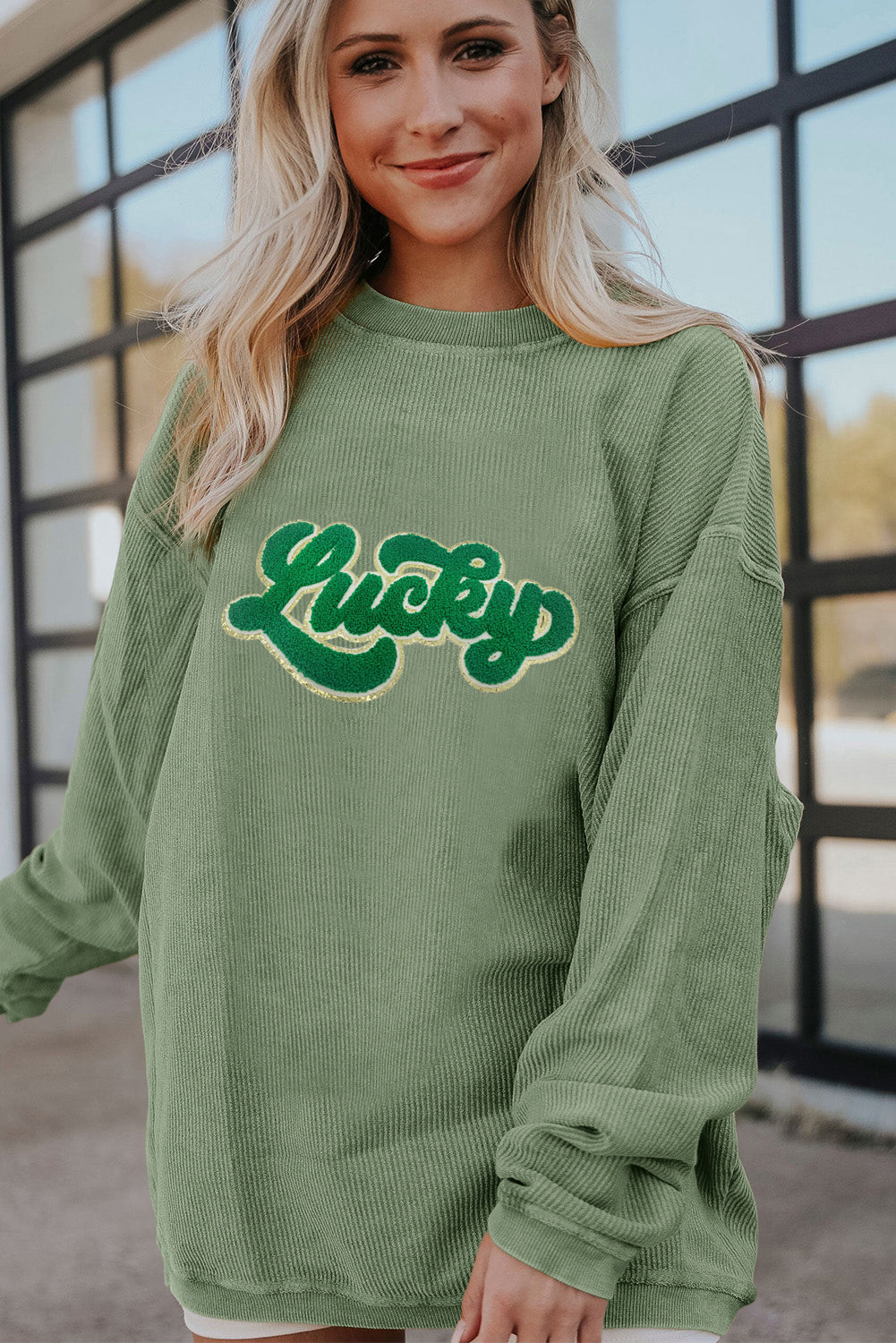 Grass Green Chenille Lucky Patched Graphic Ribbed St Patrick Sweatshirt