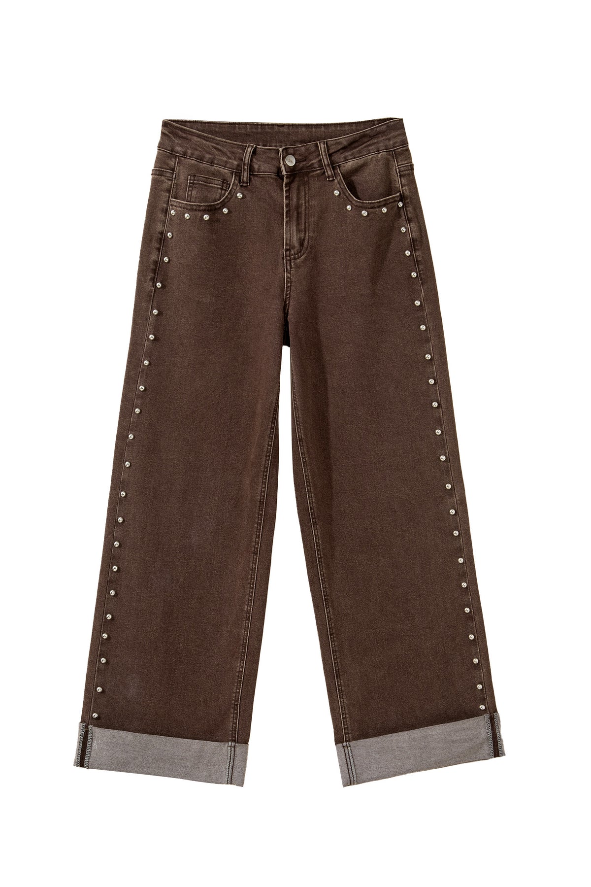 Coffee Studded Detail Straight Leg Casual Loose Jeans