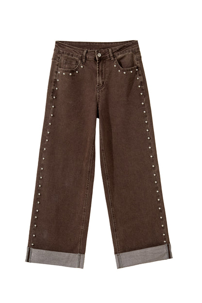 Coffee Studded Detail Straight Leg Casual Loose Jeans