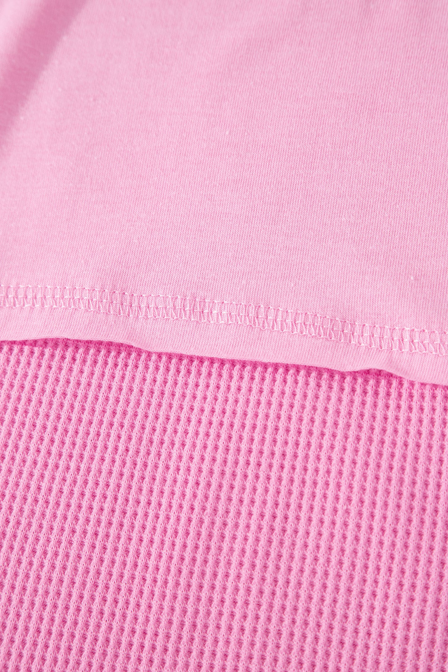 Pink Solid Color Raw Seam Waffled Patchwork Casual T Shirt