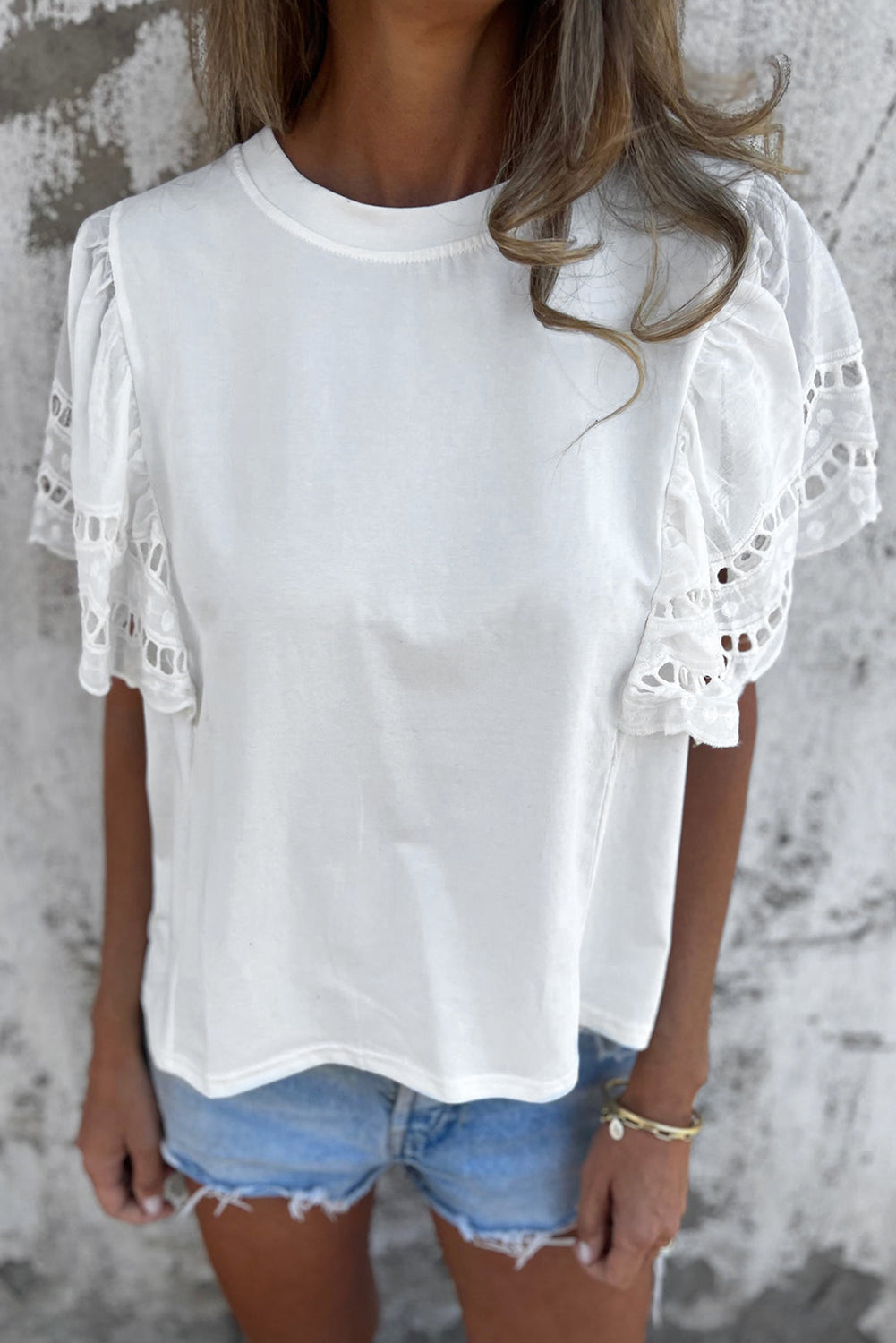 White Hollow Out Embroidered Short Sleeve O Neck Top