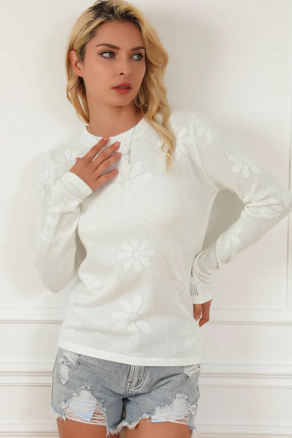 White Flower Knit Long Sleeve Sweater - Chic Meadow Boutique 