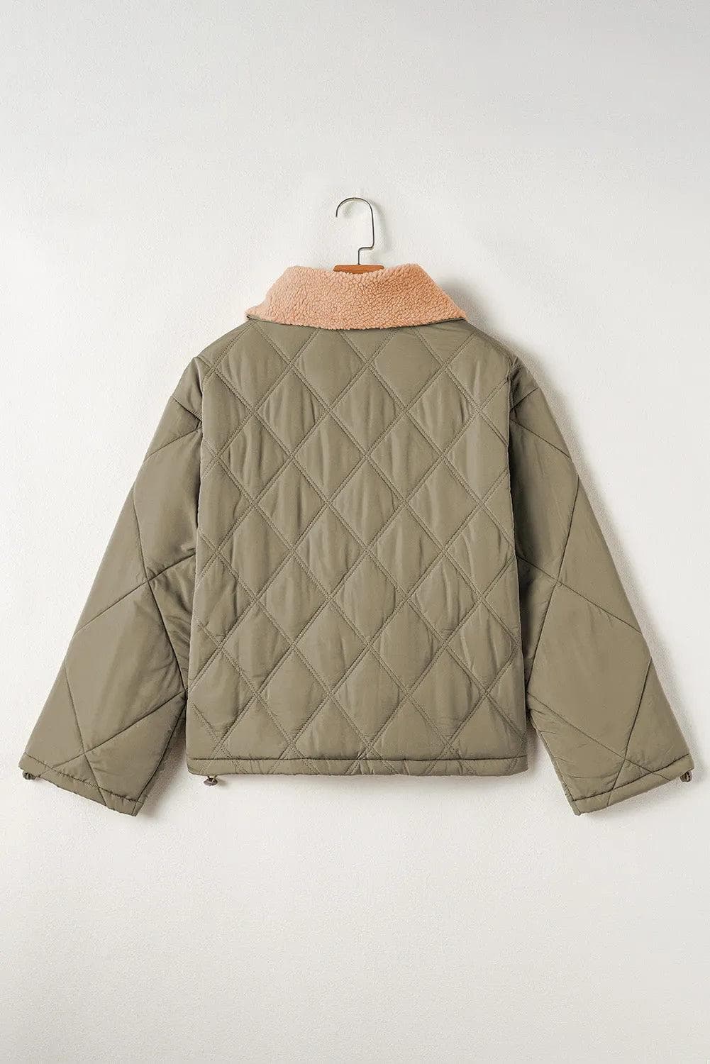 Outerwear/Jackets Jungle Green Teddy Collar Flap Pockets Quilted Puffer Jacket