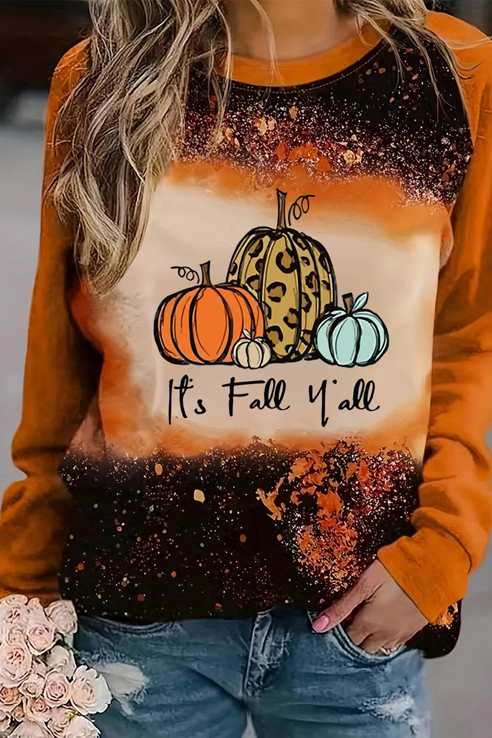 Gold Flame It's Fall Yall Halloween Pumpkin Graphic Bleached Top - Chic Meadow Boutique 