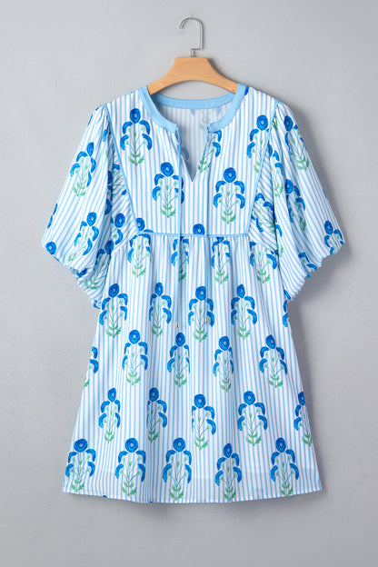 Sky Blue Floral Striped Bubble Short Sleeve Plus Size Dress