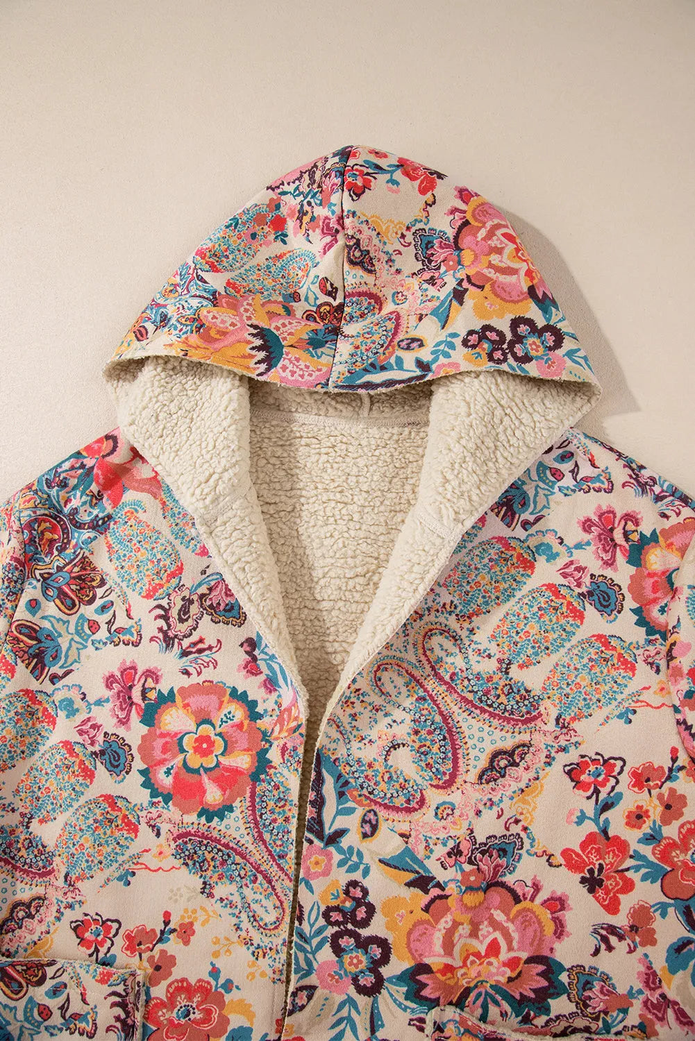 Beige Vintage Paisley Floral Printed Sherpa Lined Hooded Jacket - Chic Meadow Boutique 